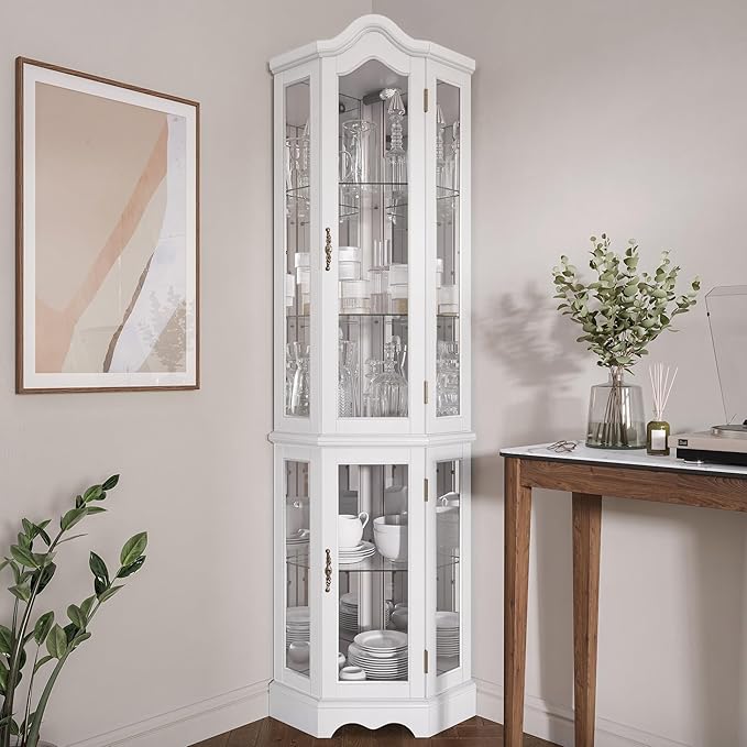 BELLEZE Lighted 3-Side Glass Display Curio Cabinet w/ Tempered Glass Doors and - Image 3