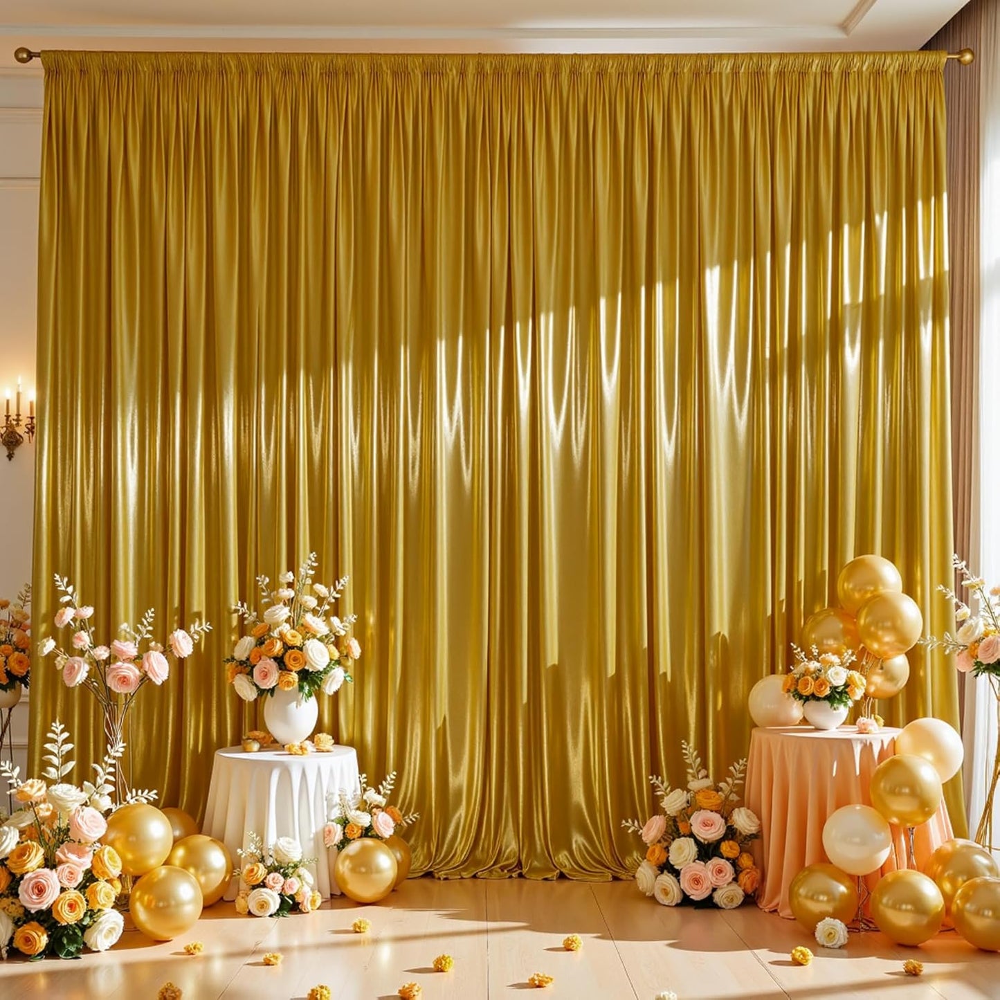 Golden Brown Satin Backdrop Curtains 2 Panels - Glitter Photo Drapes for Baby Shower, 10x10FT Shimmer Back Drop Cloth, Wrinkle Free for Golden 50th Birthday Party Decorations