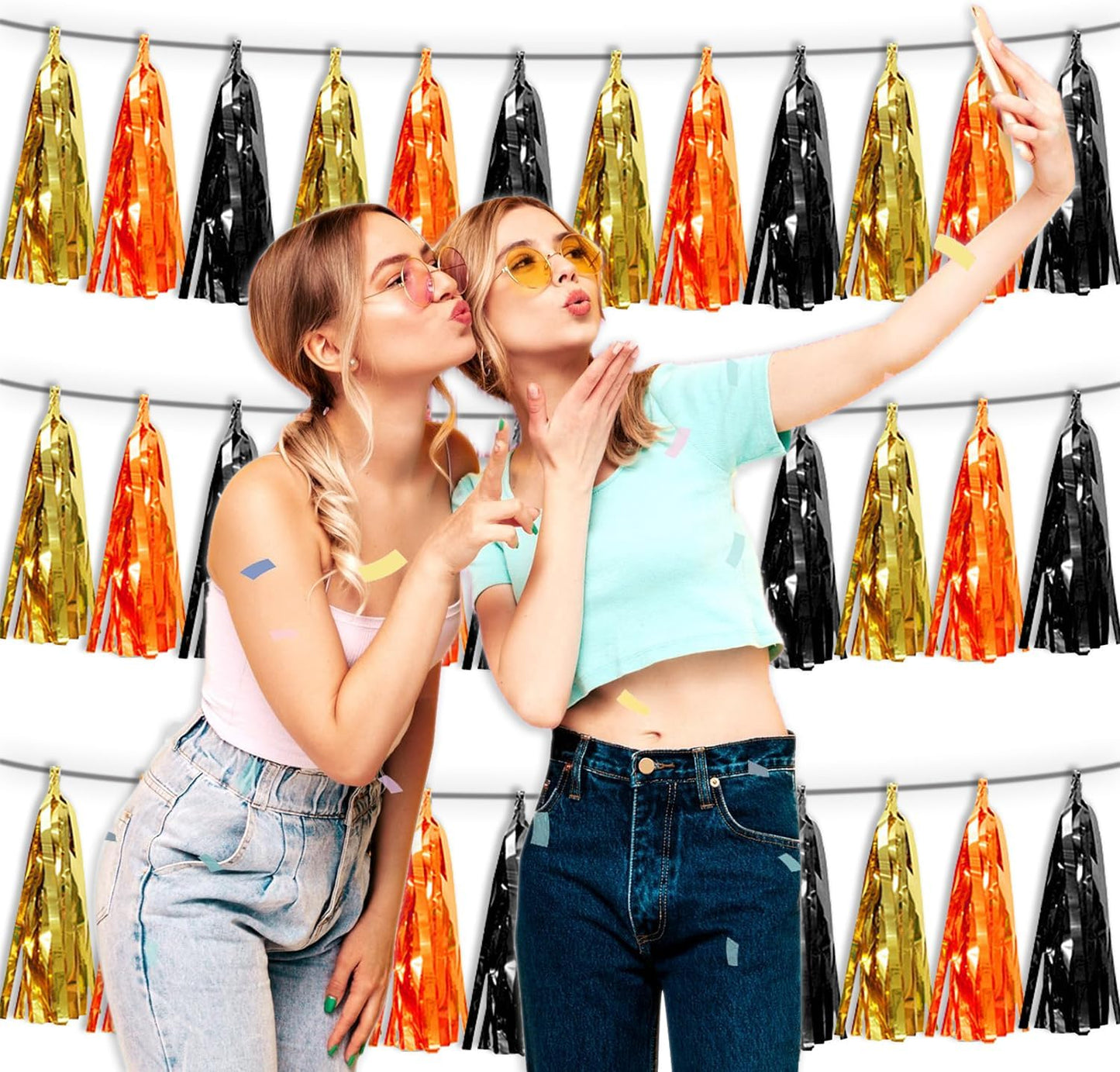 3P Orange Gold Black Metallic Fringe Tassel Banner Garland Foil Tinsel Streamer Wall Hanging Curtain Backdrop Banner for Parade Floats, Graduation Decorations, Halloween, Christmas Decorations