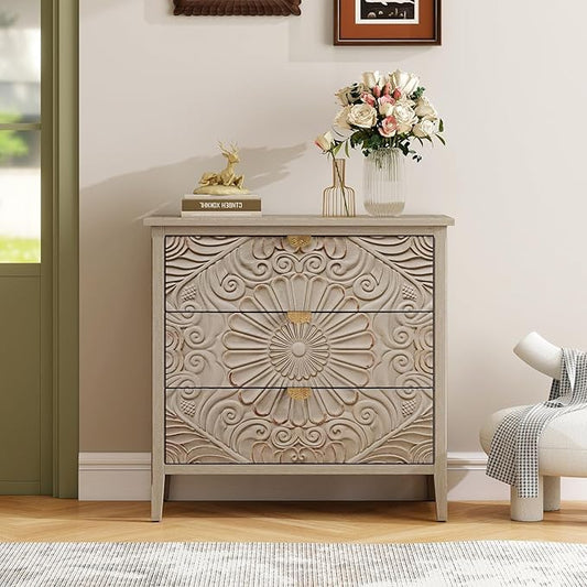 31.5" Carved 3-Drawer Cabinet by YHAOWORKS