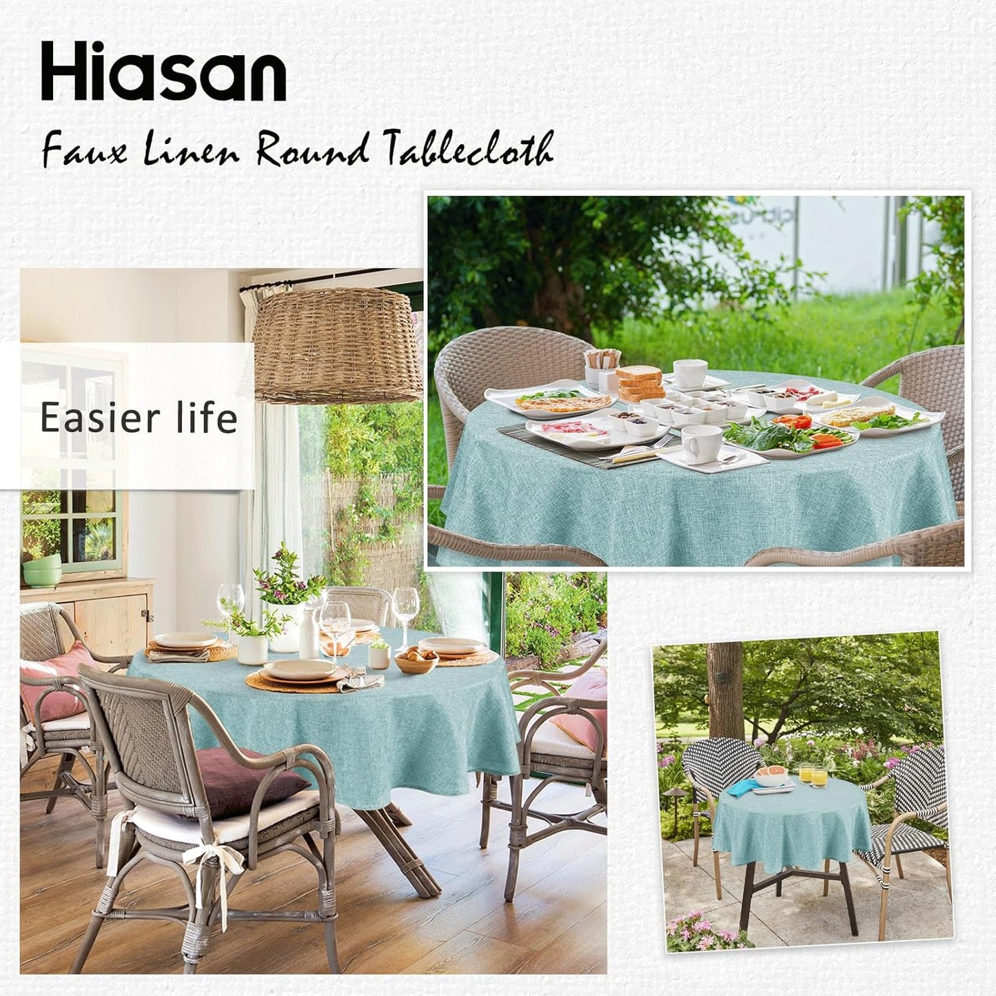 Hiasan Linen Tablecloth 80 Inch Round - Wrinkle and Stain Resistant Washable Polyester Fabric Table Cloth for Dining Room Kitchen Party, Aqua