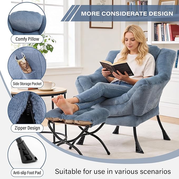 MBOOYOME Lazy Chair with Folding Ottoman, Modern Accent Armchair with Armrests - Image 5