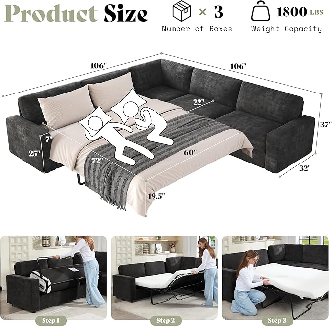 AMERLIFE 106" Oversized Sofa Bed, Sectional Sleeper Sofa - Image 2