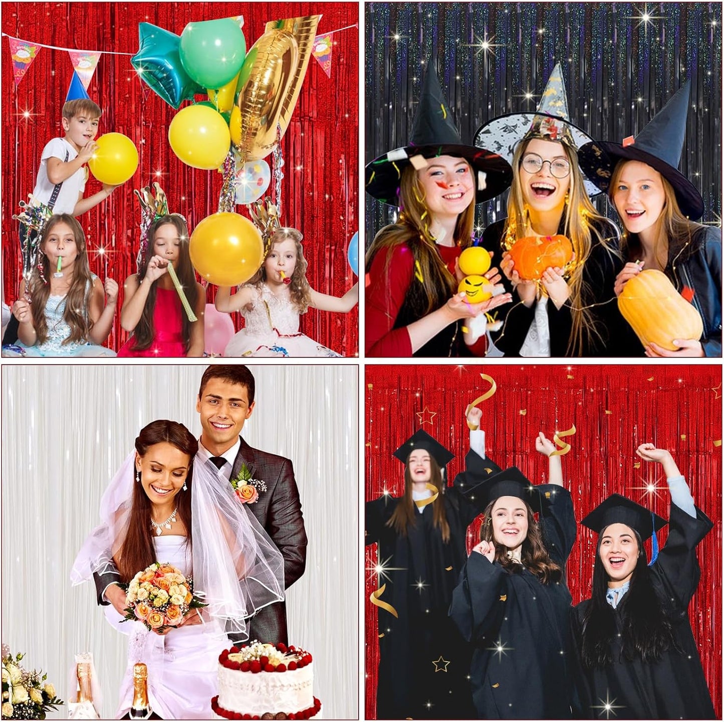 QRabbit 4 Pack Black Tinsel Foil Fringe Curtains - 3.3x6.6 Ft Metallic Party Streamers Backdrop for Birthday Wedding Christmas Party Decor, Self-Adhesive Photo Booth Wall Door Decorations