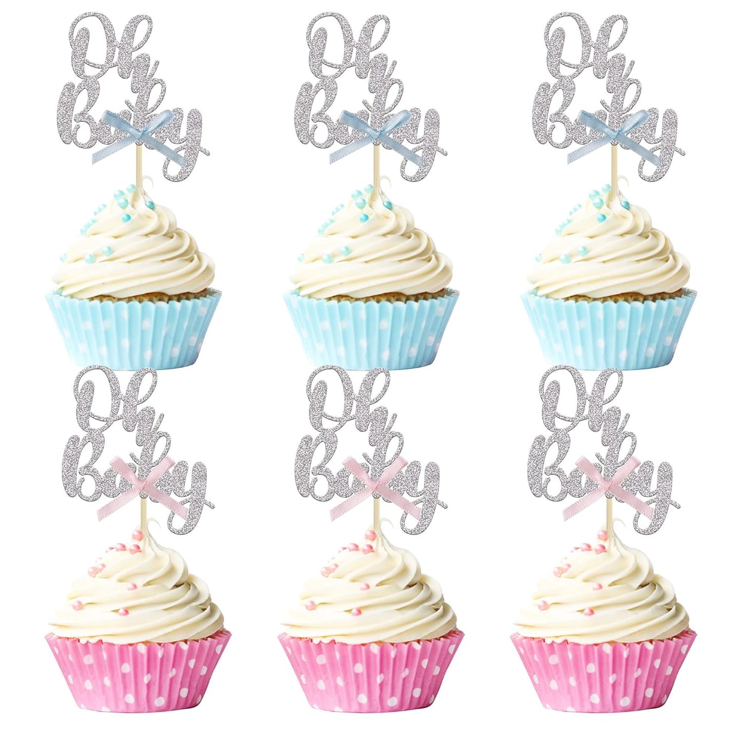 Gyufise 36Pcs Oh Baby Cupcake Toppers with Blue Pink Bowknot Silver Glitter Baby Shower Cupcake Picks Gender Reveal Cupcake Topper Decoration for Gender Reveal Baby Shower Kids Birthday Party Supplies