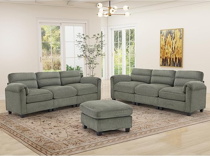 HAOMARKETS Corduroy Sofa Set, Upholstered Ottoman, Modern Loveseat and 3-Seater - Image 2