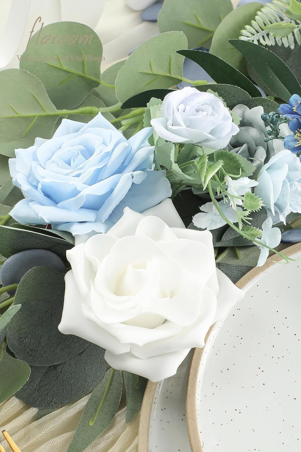 Floroom Dusty Blue Artificial Flowers Powder Blue Fake Roses Peony and Greenery Combo Box Set for DIY Wedding Bouquets Bridal Shower Centerpieces Floral Arrangements Party Tables Home Decorations