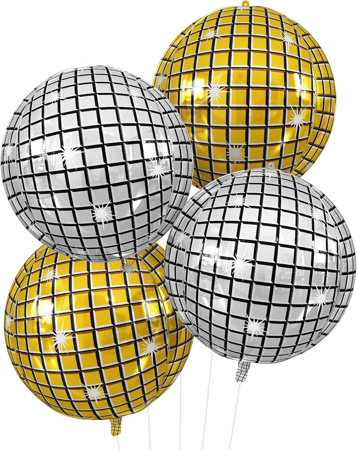 Disco Ball Balloons Gold Silver 4PC,Foil Disco Balloons 22 Inch 4D Round Metallic Gold Silver Balloon for 70s 80s Birthday Bachelorette Graduation Decorations