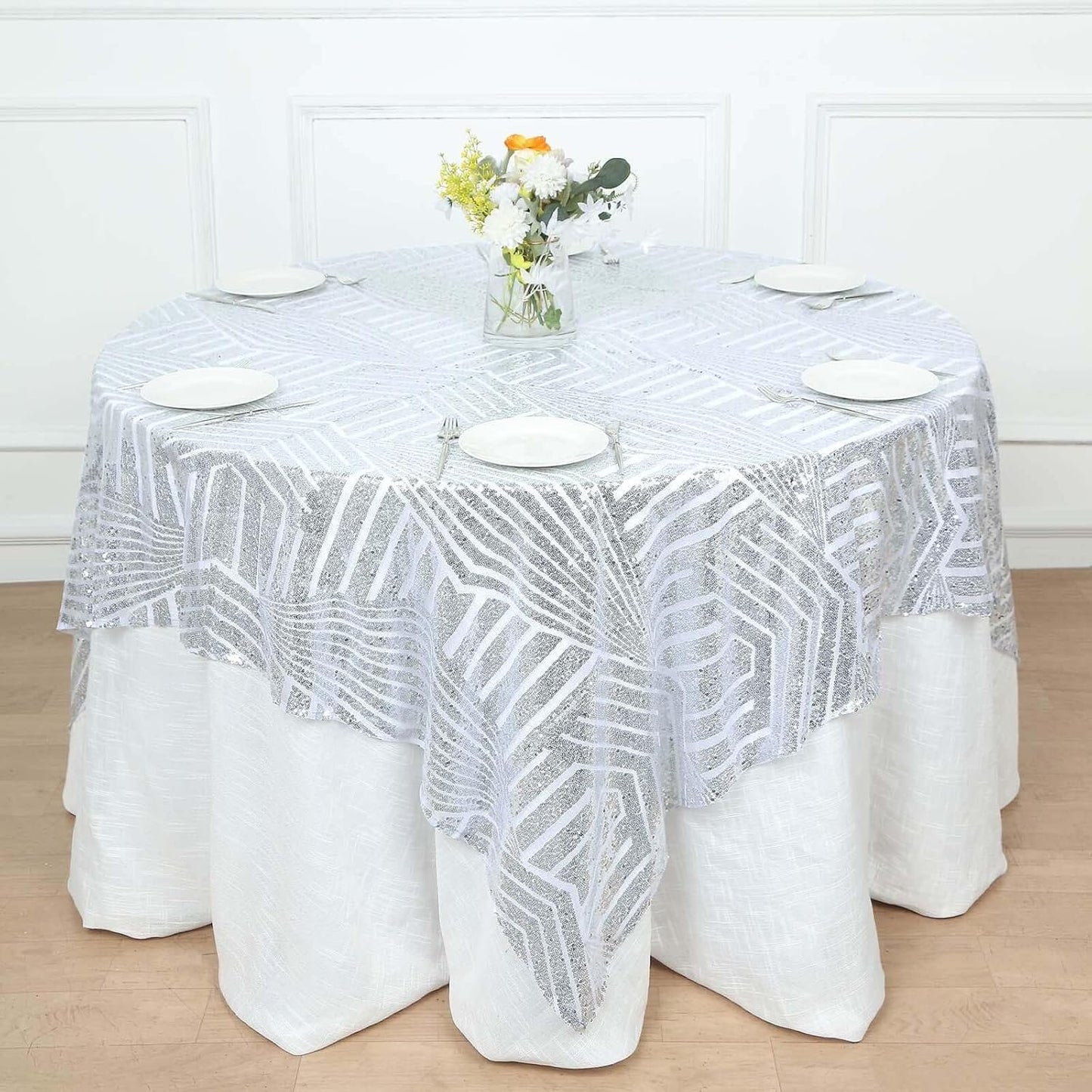 Efavormart 72" Silver Sparkly Sequin Geometric Tulle Square Table Overlay