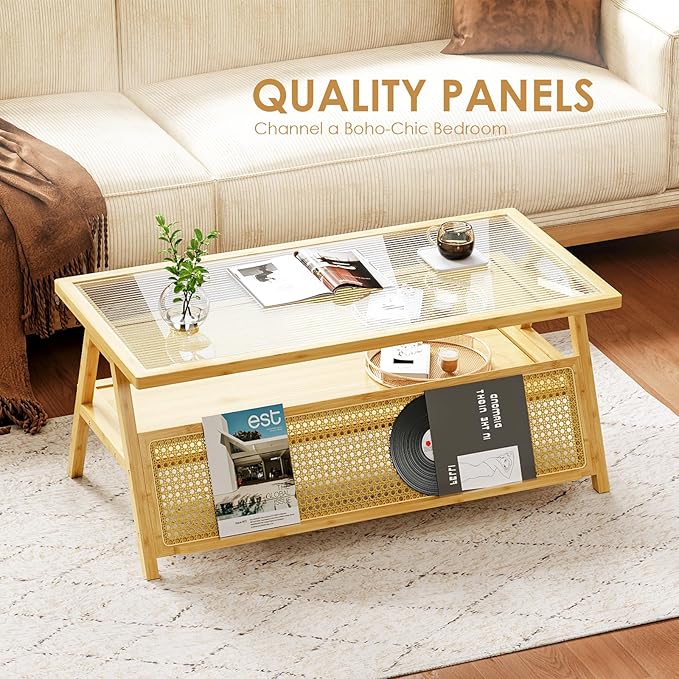 Bamworld Coffee Table with Storage Mid-Century Modern Coffee Table Boho - Image 3