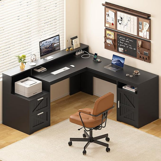 YOMILUVE 63" Farmhouse L Shaped Desk by YomiluveDesign