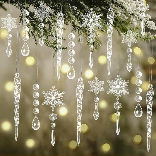 30pcs Christmas Ornaments Set for Tree- Hanging Acrylic Crystal Snowflake Icicle Drop Christmas Decorations for Winter Christmas Tree New Year Party Supplies