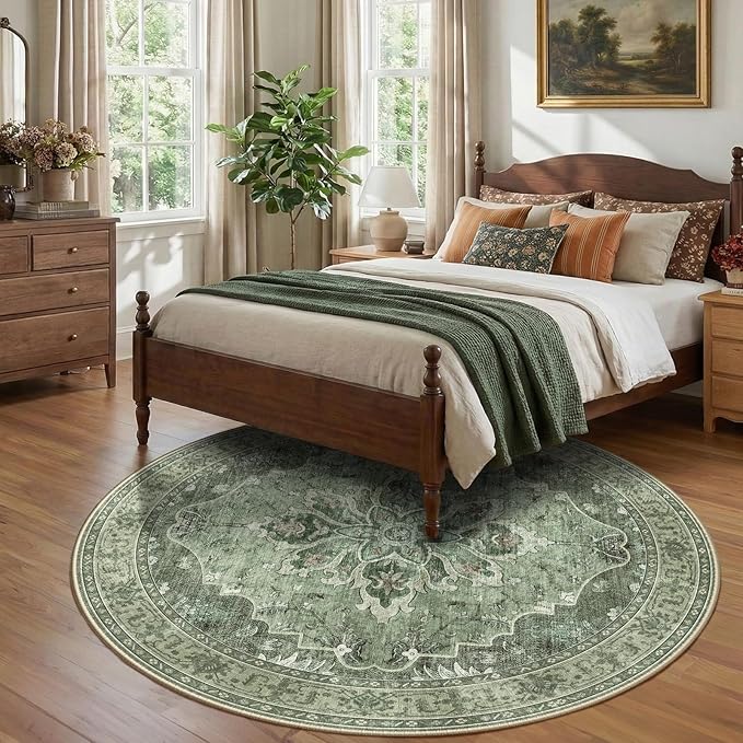 RELEANY Area Rugs Round 8ft Washable Non-Slip, Floral Vintage Distress Print - Image 3
