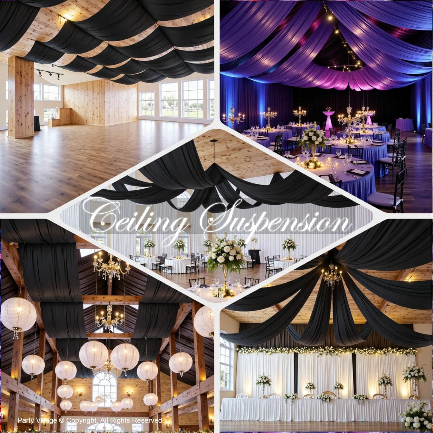 PartyVillage 8 Panels 5ftx30ft Black Ceiling Drapes for Halloween Parties – 30 FT Extra Long Thick Polyester Wrinkle-Free Drapery Tent Decor Decorations for Birthday Party Ceremony Stage Swag