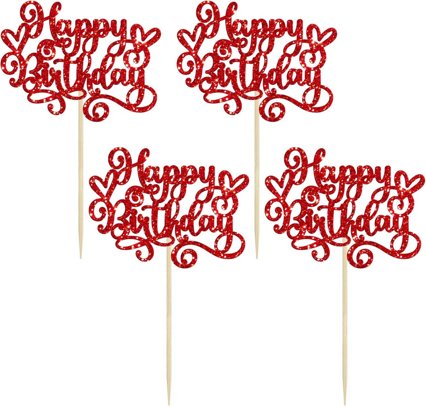 Gyufise 24Pcs Happy Birthday Cupcake Toppers Glitter Happy Birthday Cupcake Picks for Celebrating Happy Birthday Anniversary Theme Party Cake Decorations SuppliesRed