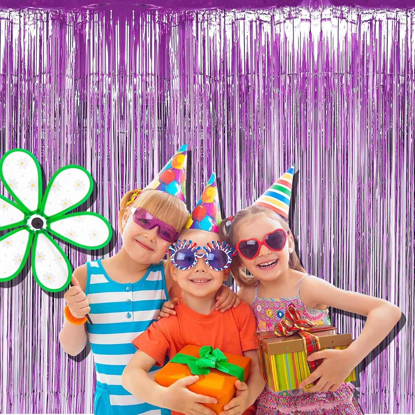4 Pack Light Purple Foil Fringe Curtain Backdrop, 3.28Ft x 8.2Ft Metallic Tinsel Foil Fringe Streamers Curtains for Party,