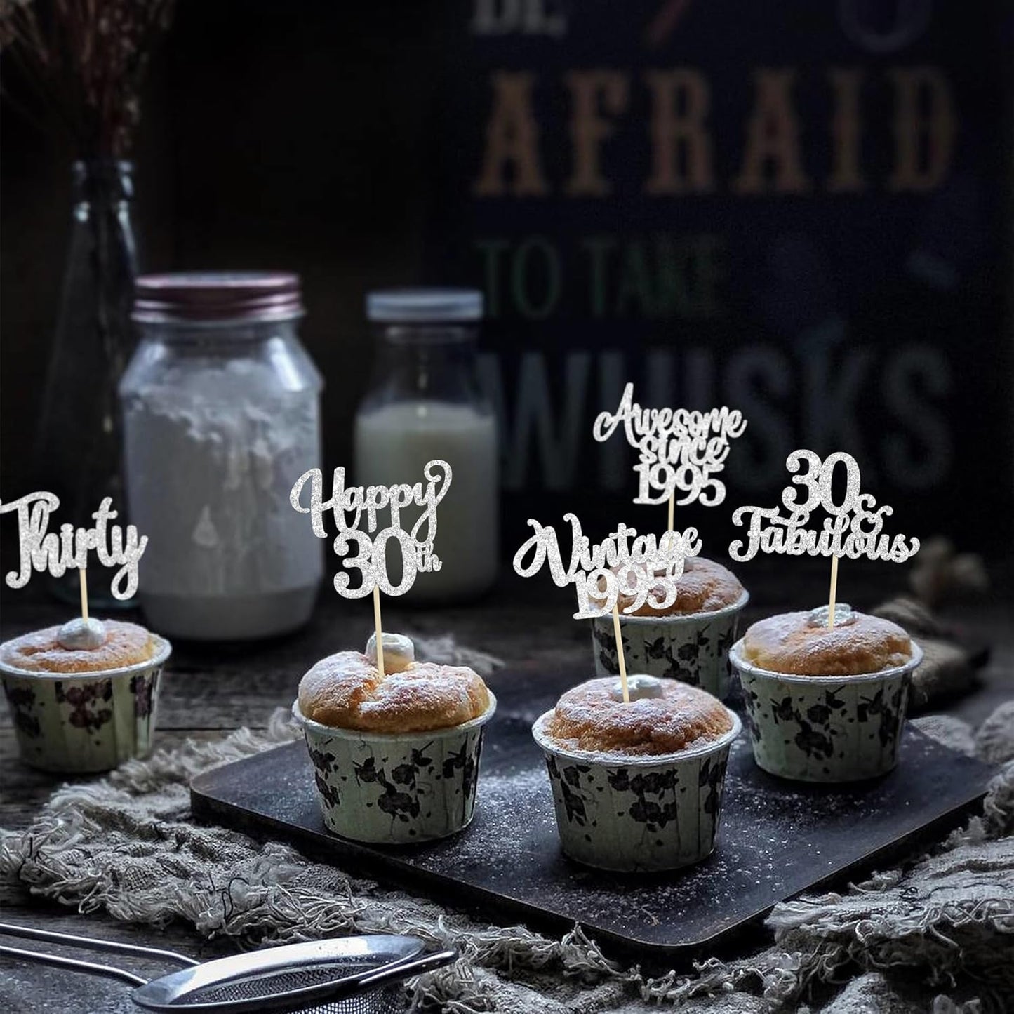 30Pcs Happy 30th Birthday Cupcake Toppers Glitter Thirty Vintage 1995 Cupcake Picks Cheers to 30 Fabulous Cake Decorations for 30th Birthday Wedding Anniversary Party Supplies Silver