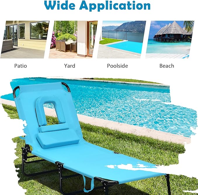 Folding Beach Lounge Chair w/ 5 Adjutable Backrest & Padded Pillow, Sunbathing - Image 9