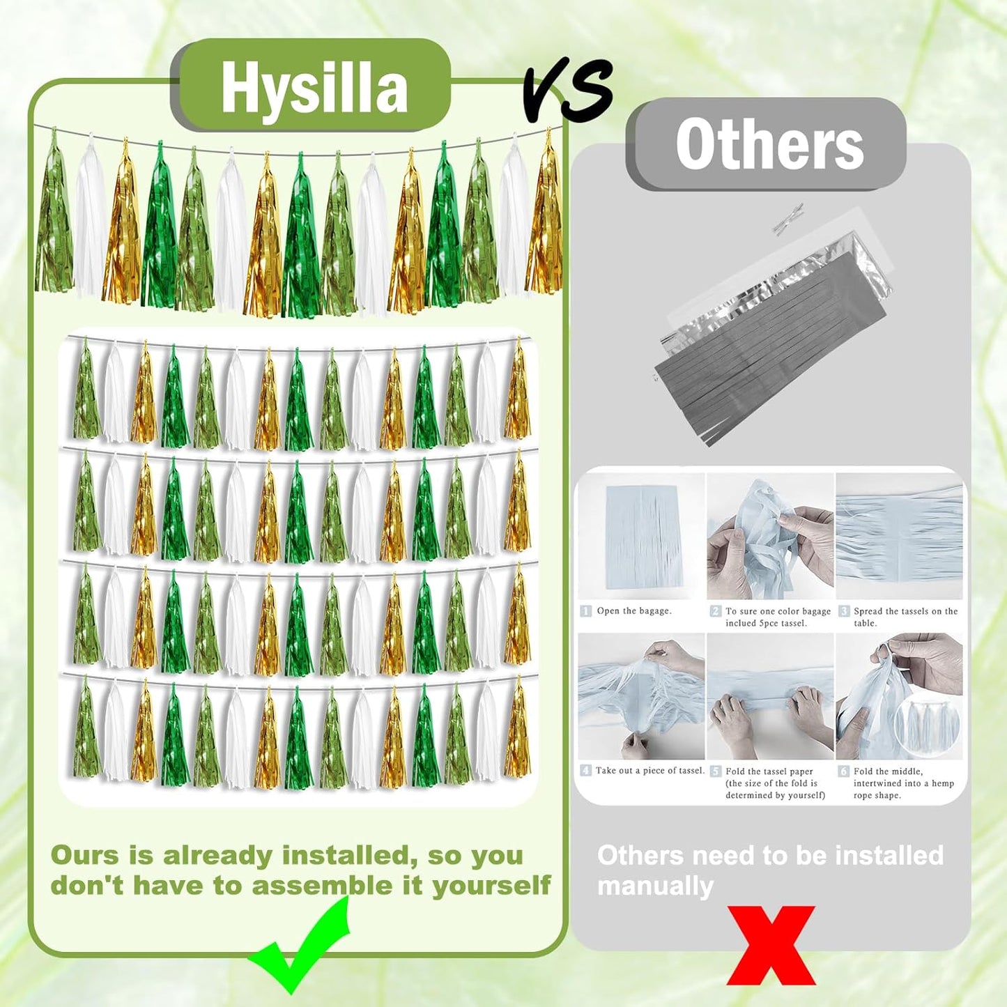 6P Sage-Green Beige-Mint Gold Foil Fringe Metallic Tassel Garland Banner, Tassels Banner Streamers for Parade Floats, Bachelorette, Wedding, Birthday, Christmas, Bridal/Baby Shower Party Decorations