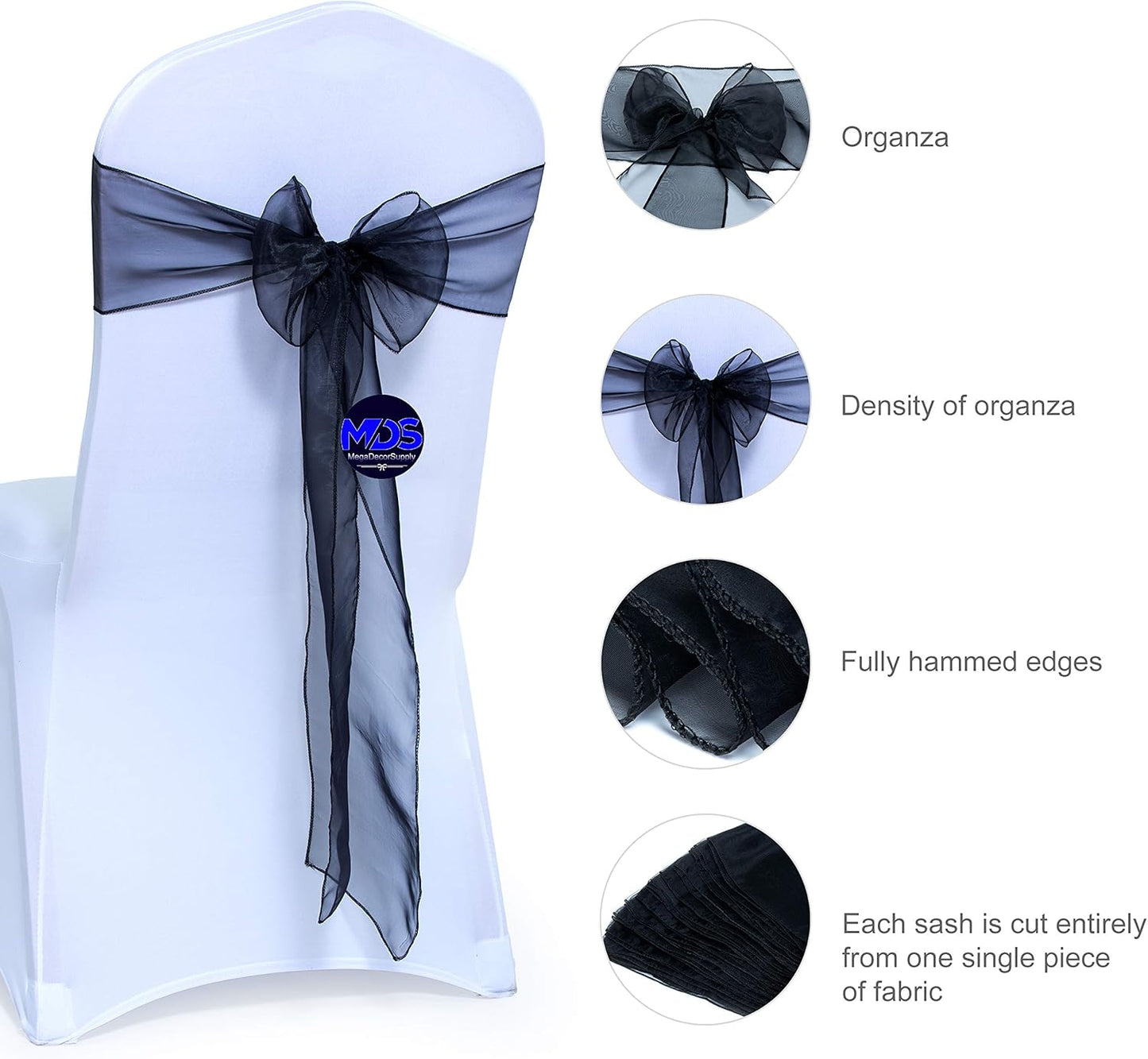 MDS Pack of 10 PCS Organza Chair Sashes Wider Dining Chair Bows Ribbon Tie Back for Wedding Party Birthday Bridal Shower Reception Event Banquet Home Chair Cover Decoration - Black
