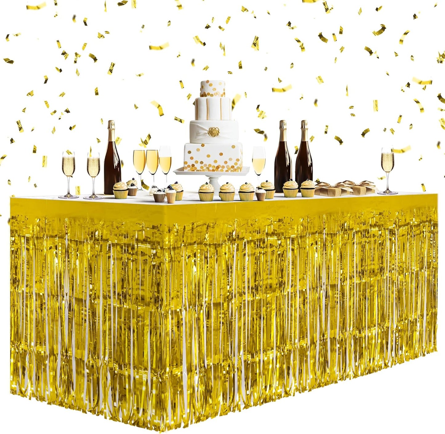 2 Pack Gold Table Skirts, 29x108" Metallic Foil Tinsel Fringe Table Skirts for Rectangle Tables Streamer Curtains Backdrop, Party Decorations for Birthdays Weddings Holidays