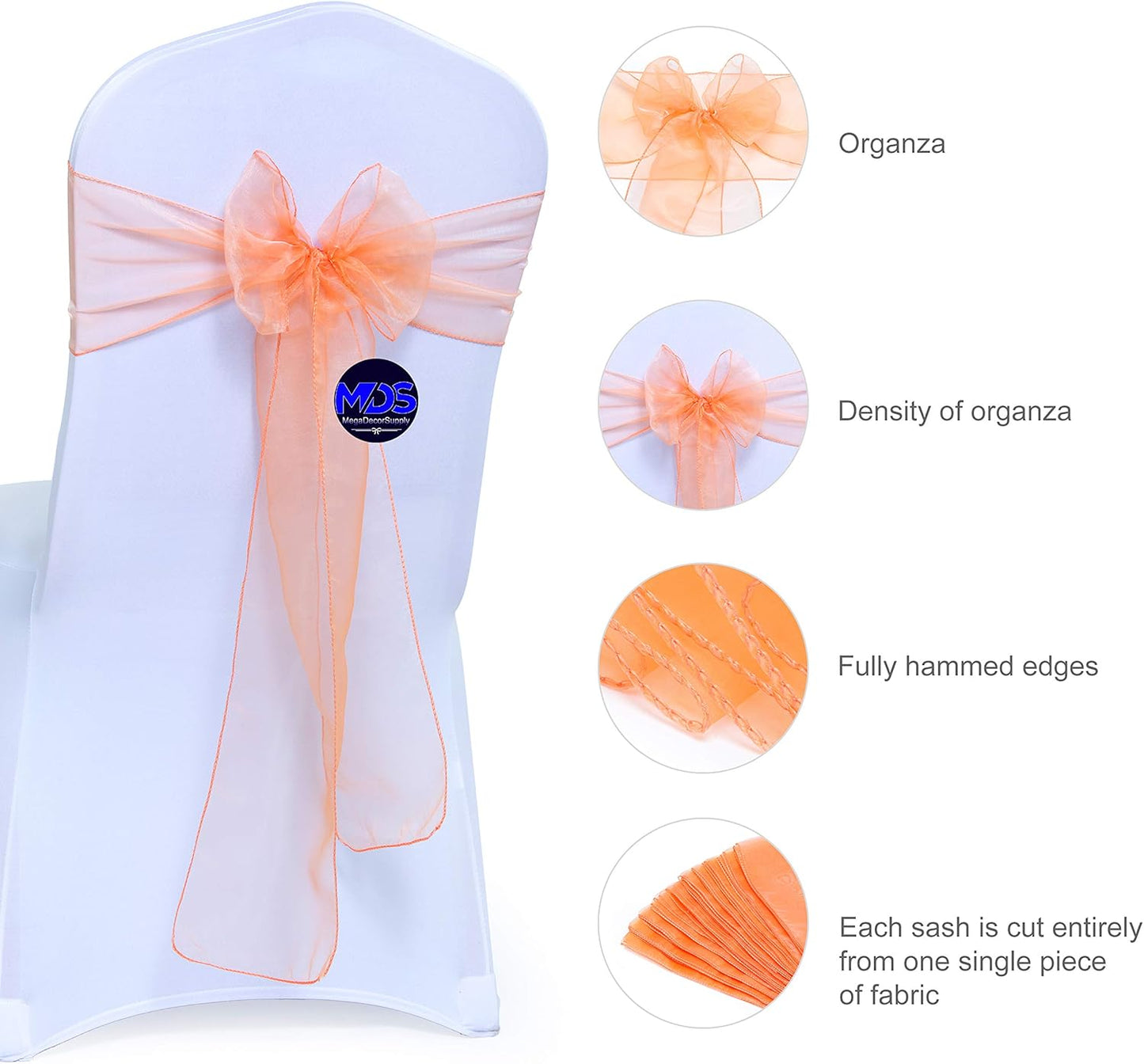 MDS Pack of 125 PCS Organza Chair Sashes Wider Dining Chair Bows Ribbon Tie Back for Wedding Party Birthday Bridal Shower Reception Event Banquet Home Chair Cover Decoration - Peach