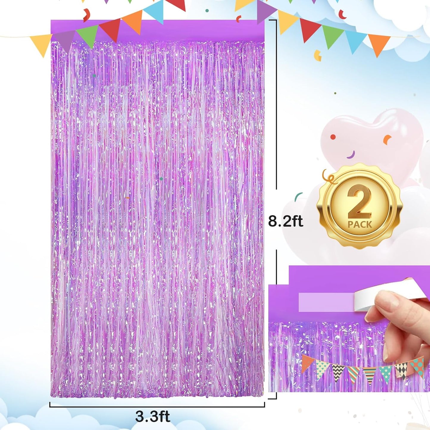 2Pack 3.3 x 8.3Ft Iridescent Purple Streamers Foil Fringe Curtains Neno Purple Tinsel Door Curtains Photo Booth Backdrop for Wedding Birthday Bridal Shower Baby Shower Bachelorette Party Decors