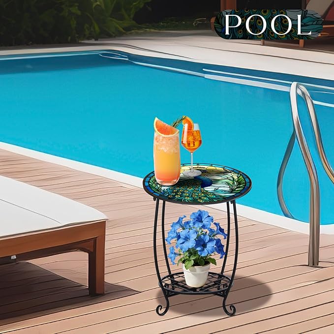 Cinnvoice Outdoor Side Table Round Small Mosaic Patio Accent Indoor End Plant - Image 6