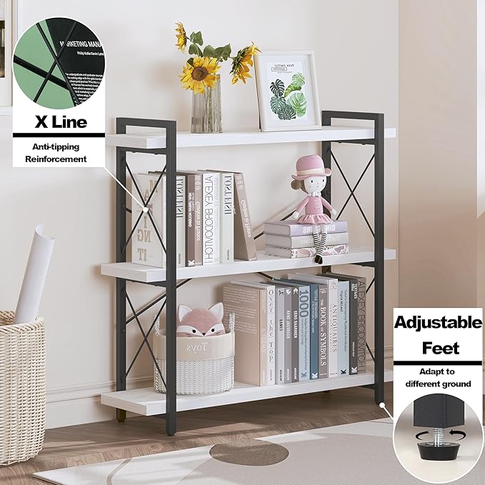 HCHQHS Bookshelf, 3-Tier Industrial Bookcase, Open Book Shelf, Freestanding - Image 3