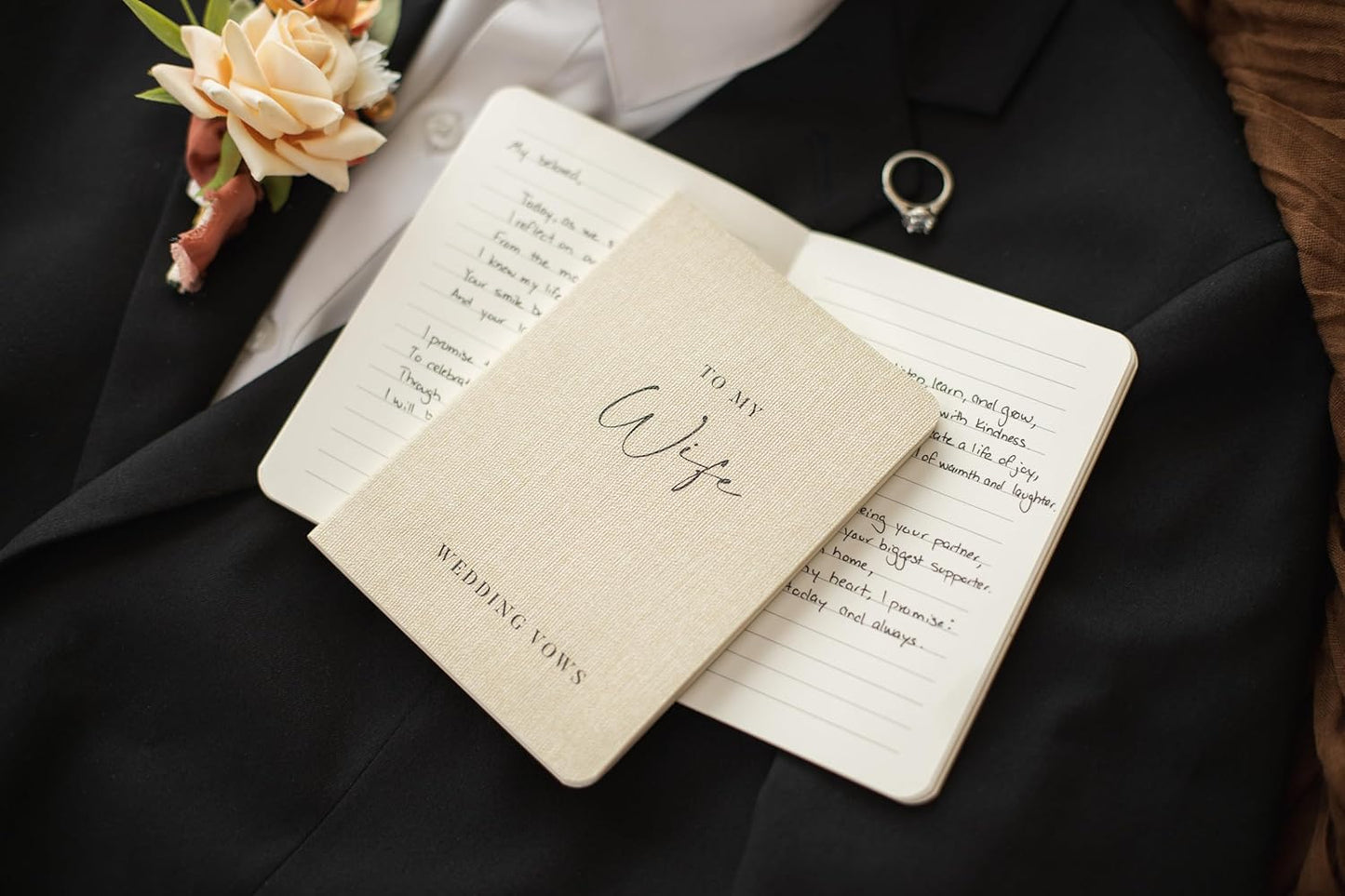 Slim Vow Books (Set of 2 - Design 2) - Soft Cream Canvas Linen Textured Cover Wedding Vow Booklets, Ceremony Speech Promise Notebook Journal, Gift for Newly Engaged Couple, 48 Lined Pages, 5.75" x 4"