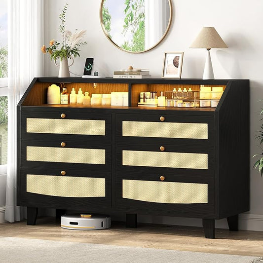 Rattan 6 Drawer Dresser with LED Lights & Power Outlet, Wide Rattan Dresser TV by Seetech