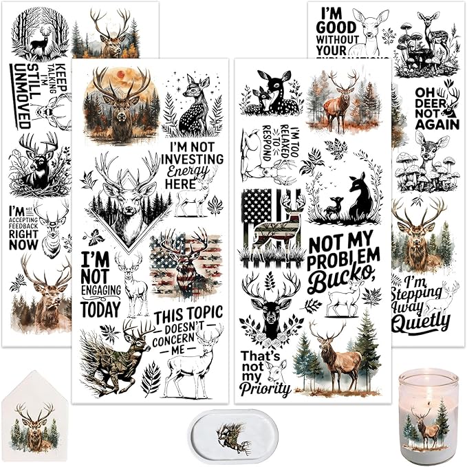 4 Sheets Rub on Transfers for Crafts, Forest Deer Furniture Transfers for Wood by Dorsbaby