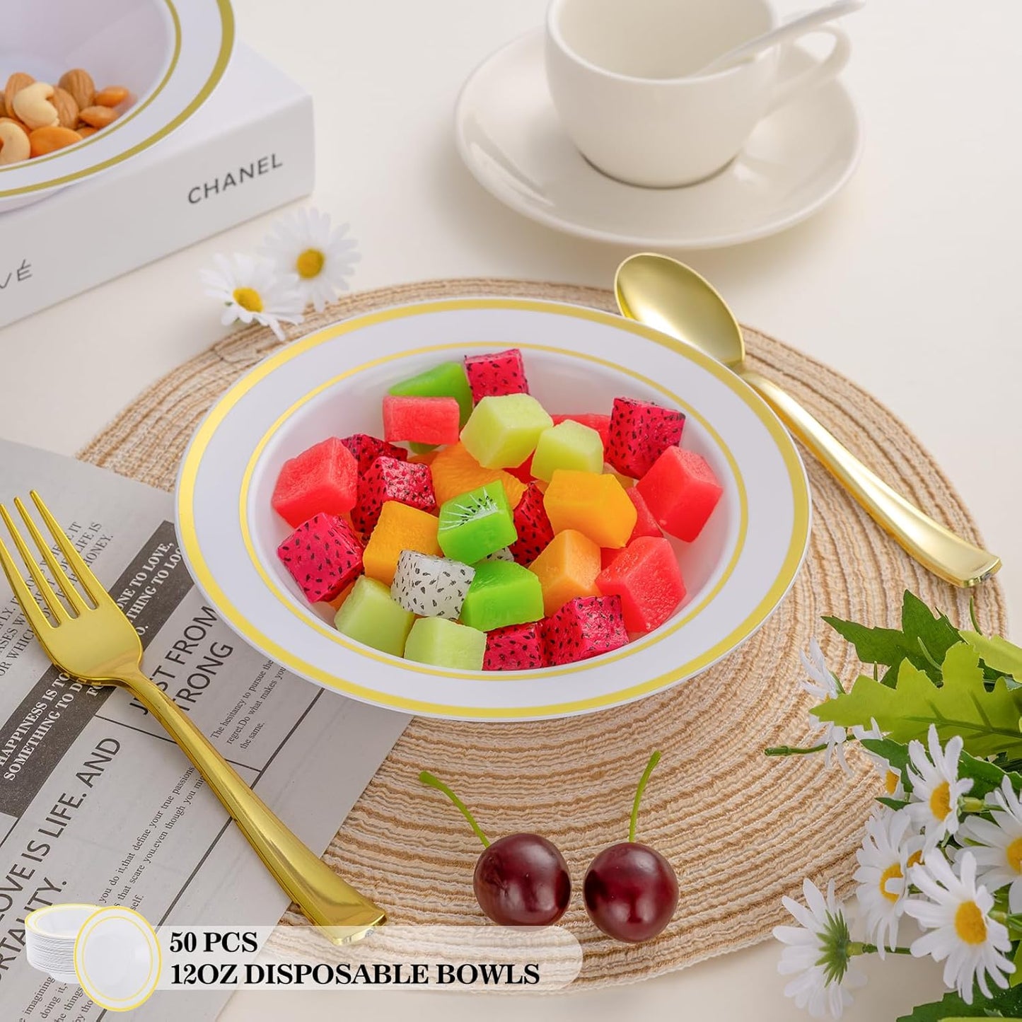 50 Pack Disposable Soup Bowls with Gold Rim,12oz Disposable Soup Bowls,Disposable Soup Dessert Salad Bowls for Wedding/Party/Catered Events