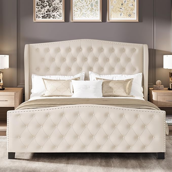 LARMACE Queen Size Bed Frame Velvet Upholstered Platform Bed - Image 8