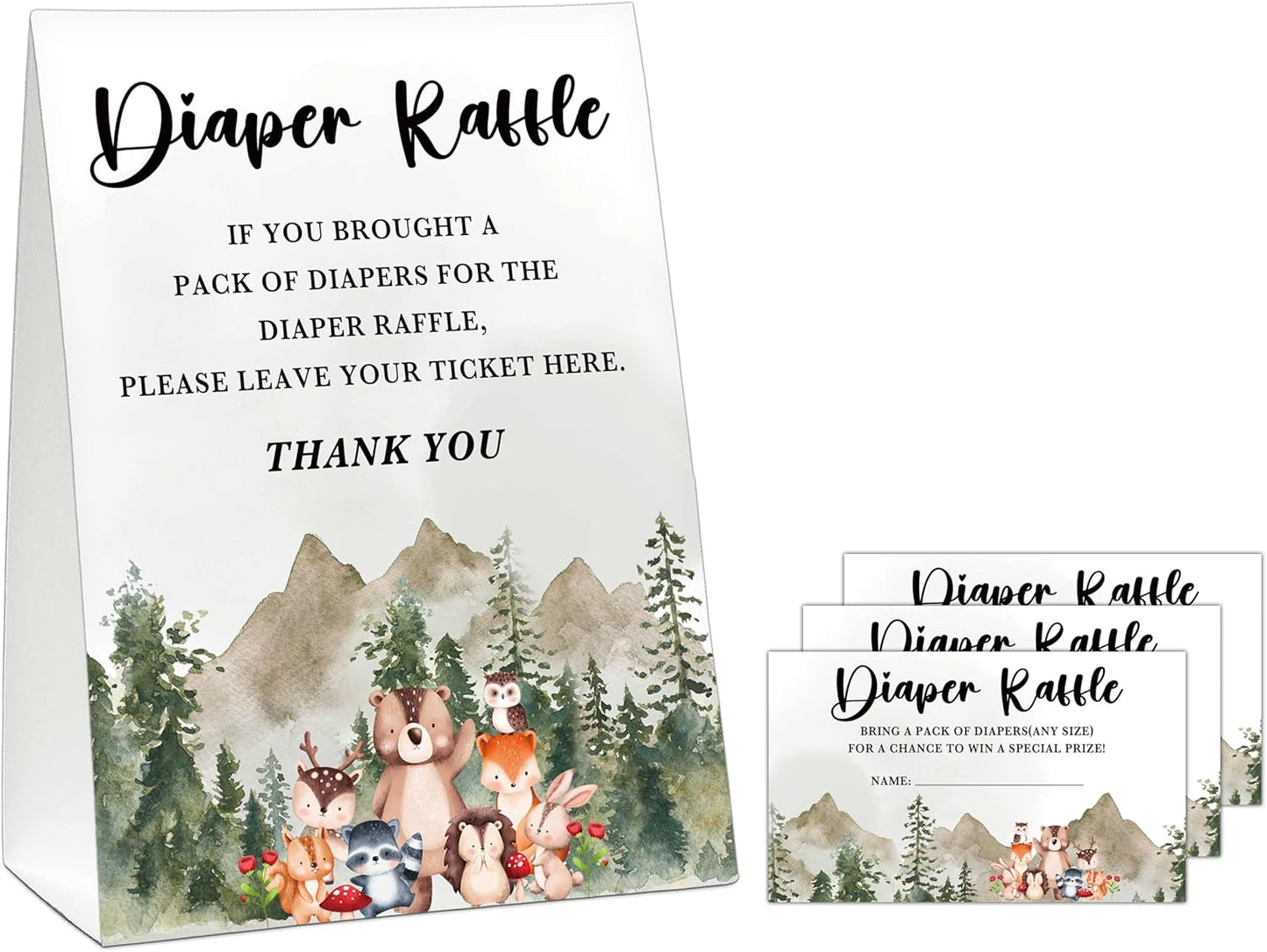Woodland Baby Shower Game, Jungle Animal Safari 50 Diaper Raffle Tickets with 1 Standing Sign for Gender Neutral Shower - A04