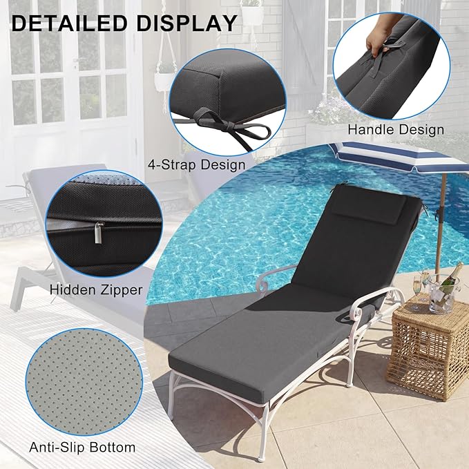 Outdoor Chaise Lounge Cushions, 71x21 Inch Olefin Water & Fade Resistant Pool - Image 2
