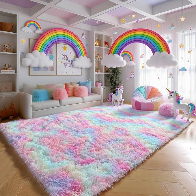 PAGISOFE Rainbow Rugs 6x9, Large Fluffy Soft Carpet, Plush Shaggy Rugs - Image 3