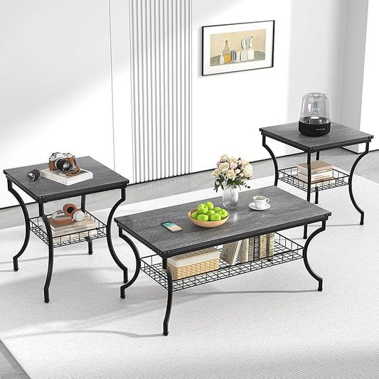 VECELO 3 Pieces Living Room Table Sets, Coffee and End Tables by VECELO