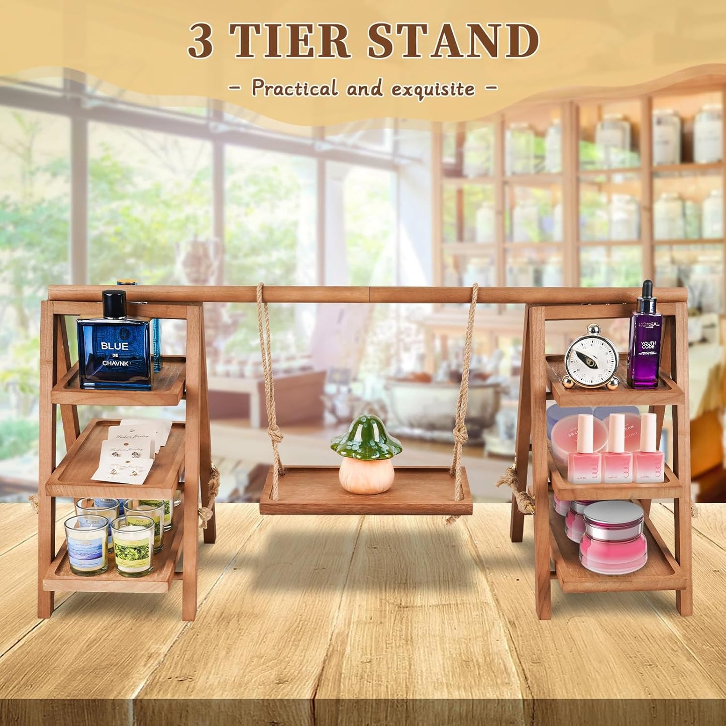 Wooden Cupcake Stand, 3 Tier Cupcake Display Stand for Dessert Display, Dessert Stands with Serving Tray and Foldable Stand for Party, Birthday, Wedding, Events, Baby Shower (Brown)