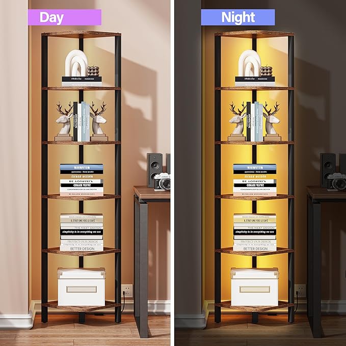 TUTOTAK Corner Shelf with LED Light, 6-Tier Corner Bookshelf - Image 5