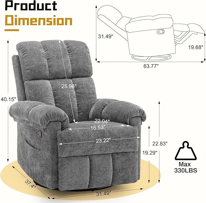Korser Recliner Chair, Swivel Rocker Recliner Chair - Image 2