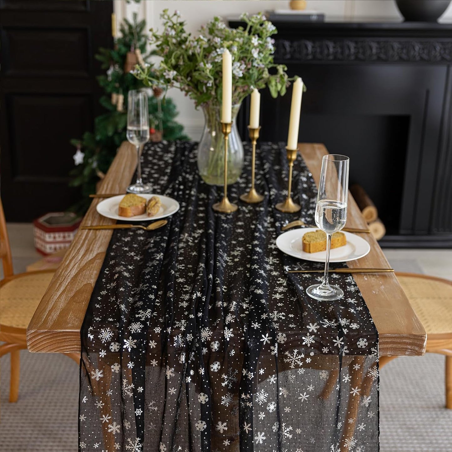 Silvery Snowflake Metallic Print Tulle Christmas Table Runner, Seasonal Winter Kitchen Dining Table Decoration for Home Party Decor 35x120 Inch (Black)