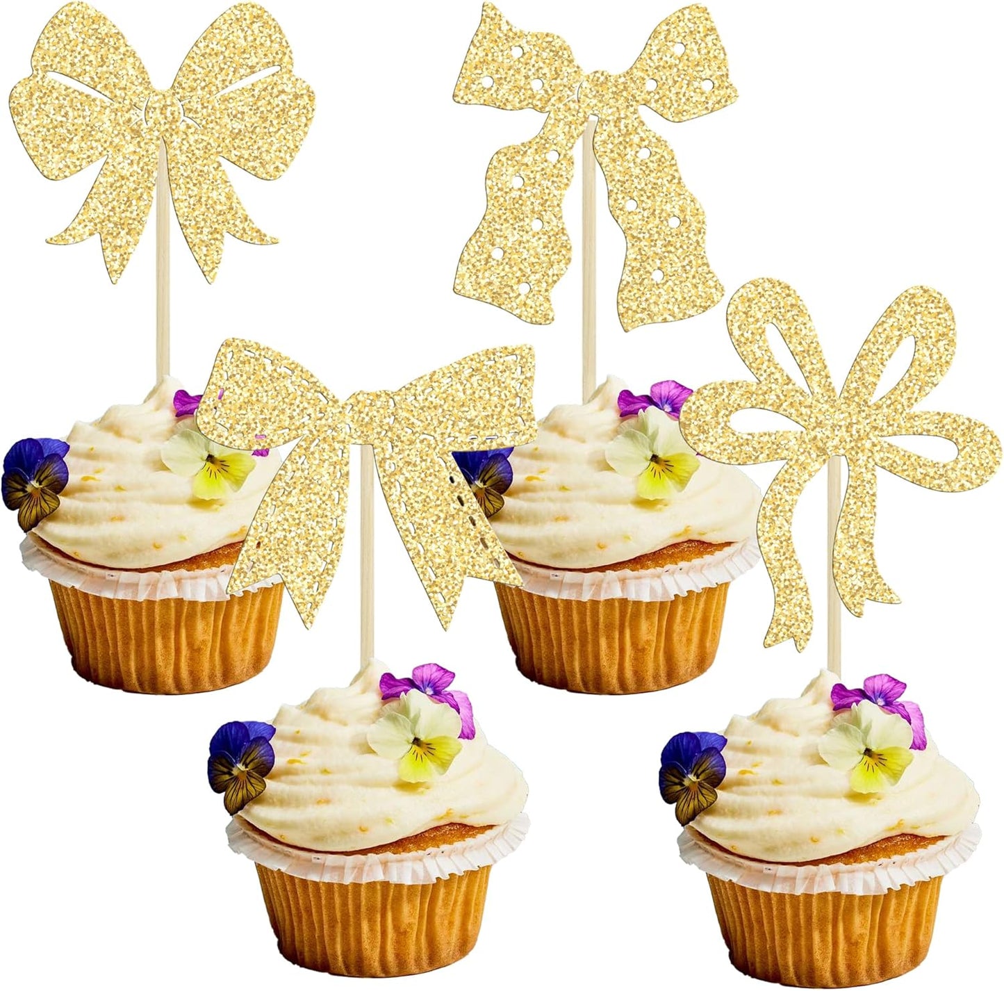 Ephlyn 24Pcs Bow Cupcake Toppers Bow Birthday Cake Topper Girls Birthday Party Decorations Bowknot Cupcake Decorations for Bridal Baby Shower Birthday Wedding Themed Party Gold