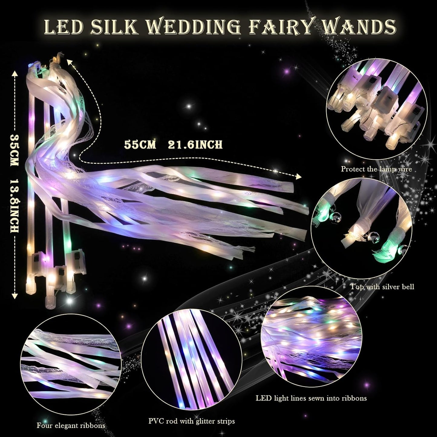 58 Pieces Light up Wedding Wands with Ribbons & Bells –LED Silk Wedd Fairy Wands Streamers with Warm White & Colorful Lights for Wedding Send Off Ideas, Parties, and Celebrations