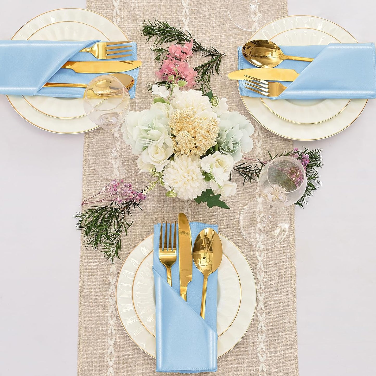 12 Pieces Light Blue Satin Napkins, 17" x 17" Square Table Napkins, Silky Soft Smooth Washable Napkins for Restaurant, Weddings, Dinner, Party Decoration