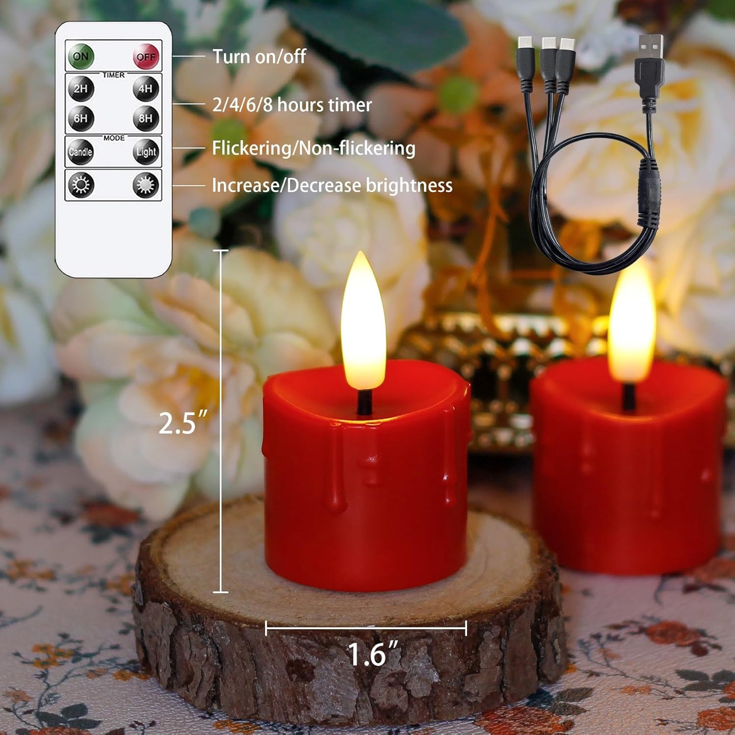 Rechargeable Flameless 1.6" x2.5" Tea Light Candles with Remote & Type-C Charging Cable, Timer LED Flickering Burgundy Plastic 9pcs Mini Dripping Wax Votive Tealight Candles