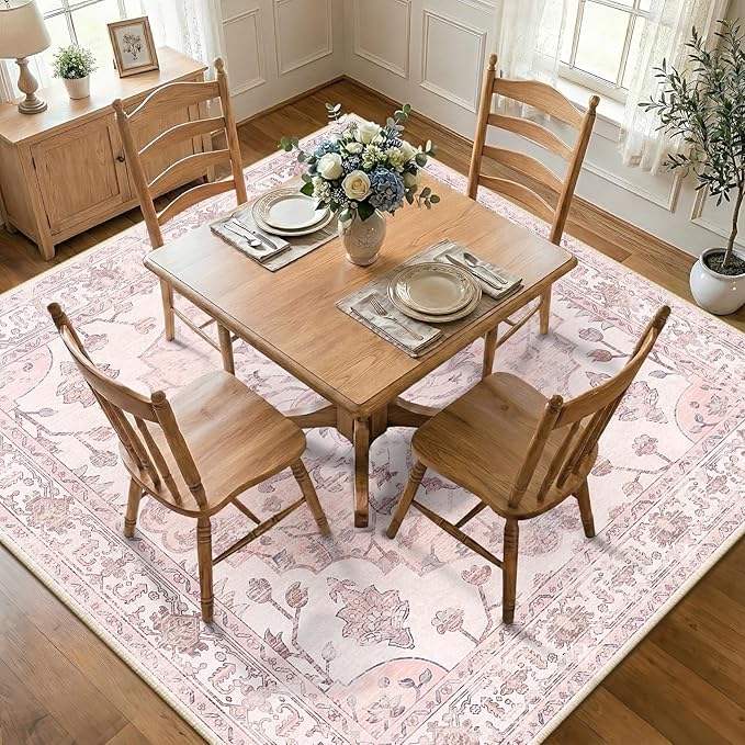 RELEANY Area Rugs Square 8ft Washable Non-Slip, Floral Vintage Distress Print - Image 2