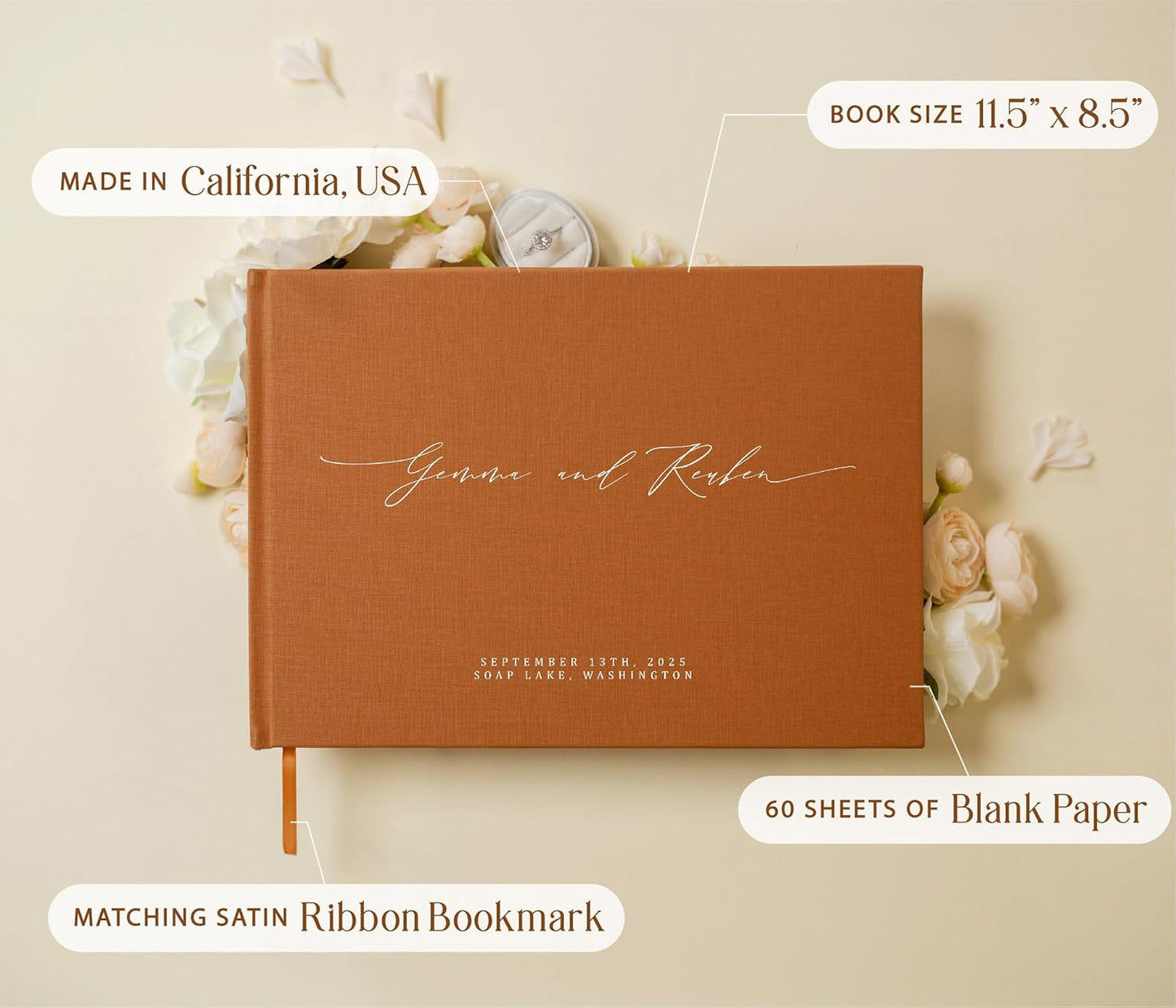 MUUJEE Personalized Guestbook in Terracotta - Premium Custom Modern Guest Book for Wedding Reception, Birthday Party or Events w/Bookmark Blank Pages for Signing 11.5 x 8.5 inches