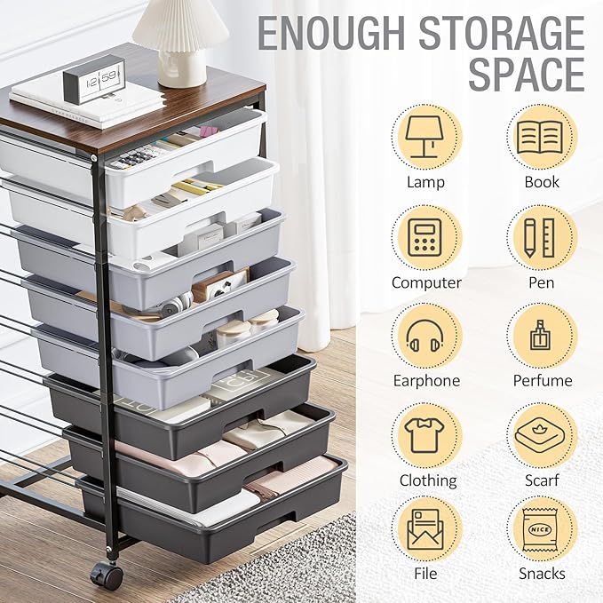 Rolling Storage Cart with 8 Drawers, Utility Cart on Wheels with Wooden Tabletop - Image 8