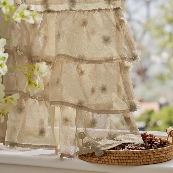jinchan Ruffled Kitchen Valance Pom-Pom Voile Valance Curtains Sheer Shabby - Image 8